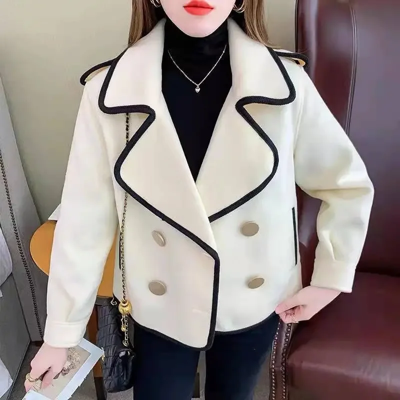 

Beige Double Breasted Wool Coat Contrasting Colors Jacket For Women 2024 Spring Autumn Versatile Short Design Top Black Jacket