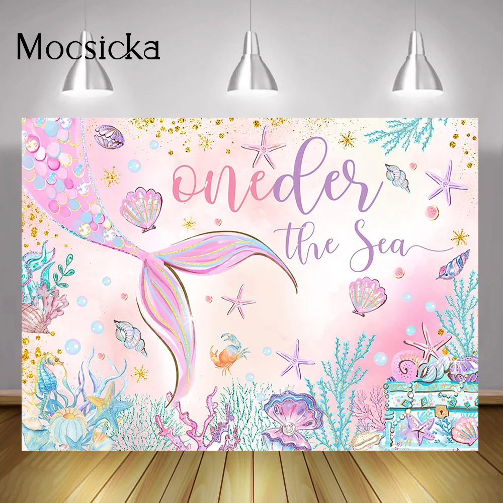 Фон для фотосъемки «Русалка один день рождения», акварель, хвост русалки, Коралловая раковина, Детские принадлежности для дня рождения
