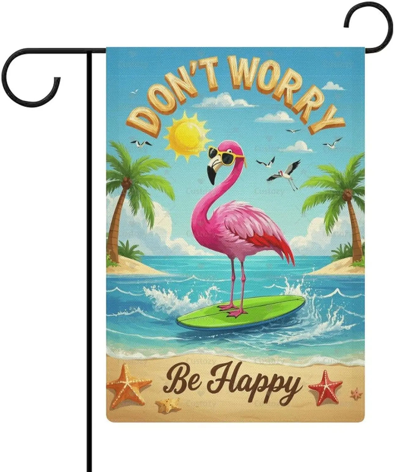 Garden Flag “Don't Worry Be Happy Flamingo” Double Sided 12x18 In Small Burlap Seasonal Yard Decoration for Outside Porc AAO
