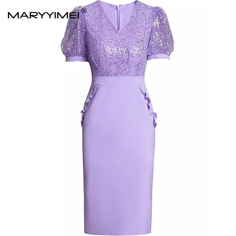 

MARYYIMEI Summer Women's Dress V-Neck Short-Sleeve Sequins Design Slim-Fit Hip Wrap High Waiste Party Ball Gown Dresses