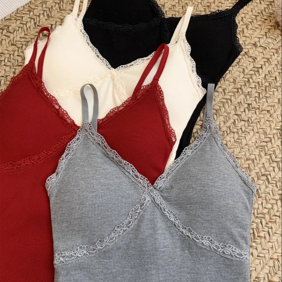 Early Autumn Pure Desire Women's Lace Trim Fleece Warm V-neck Strap Slimming Fixed Band Chest Pad Versatile Short Length Casu...