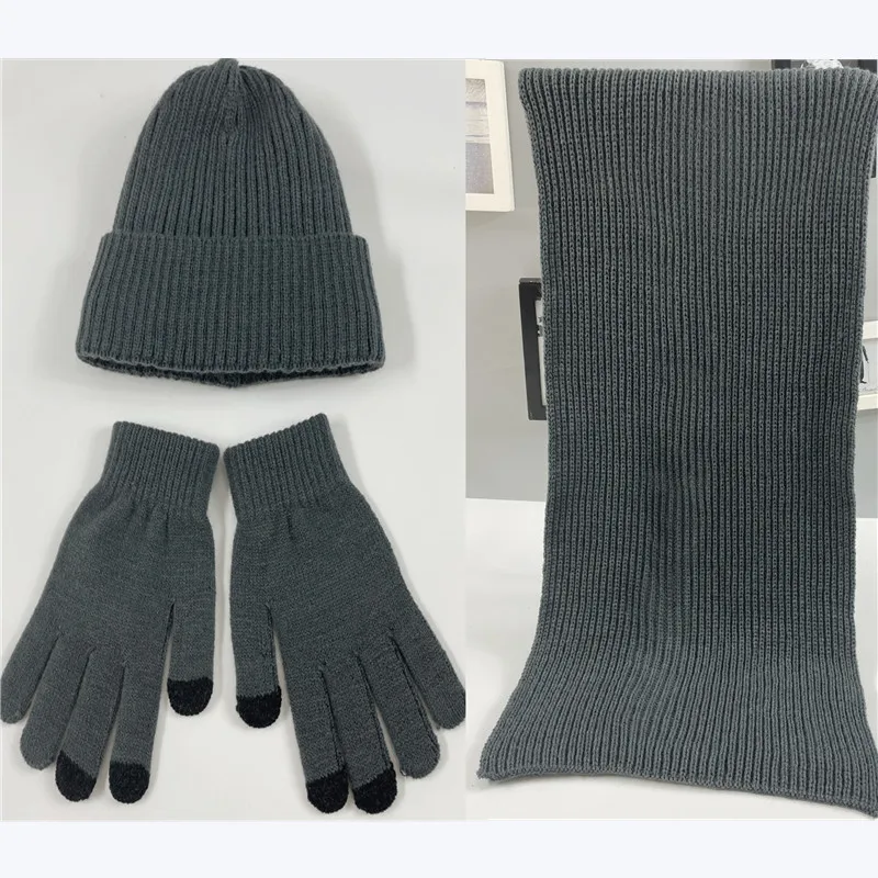 Winter Knitted Hats Warm Gloves Scarves Fashion Women 3Pcs Outdoor Thicken Fleece Cold Protection Scarf Suits Solid Simple Glove