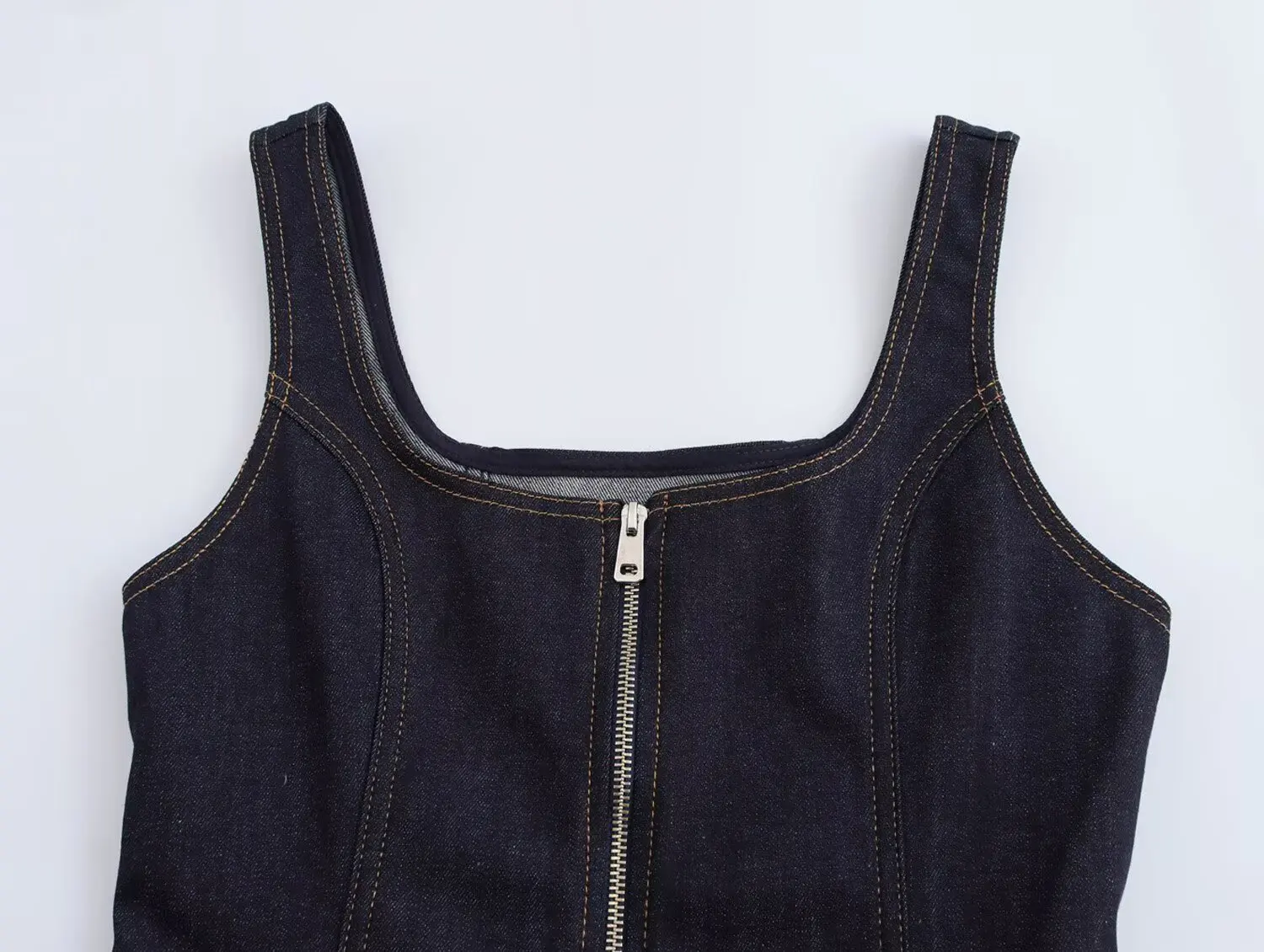 TRAFZA-Gilet Vintage en Denim pour Femme, Couleur Unie, Fermeture Éclair, Coupe Slim, Col Carré Plissé, Décontracté, Été 2024