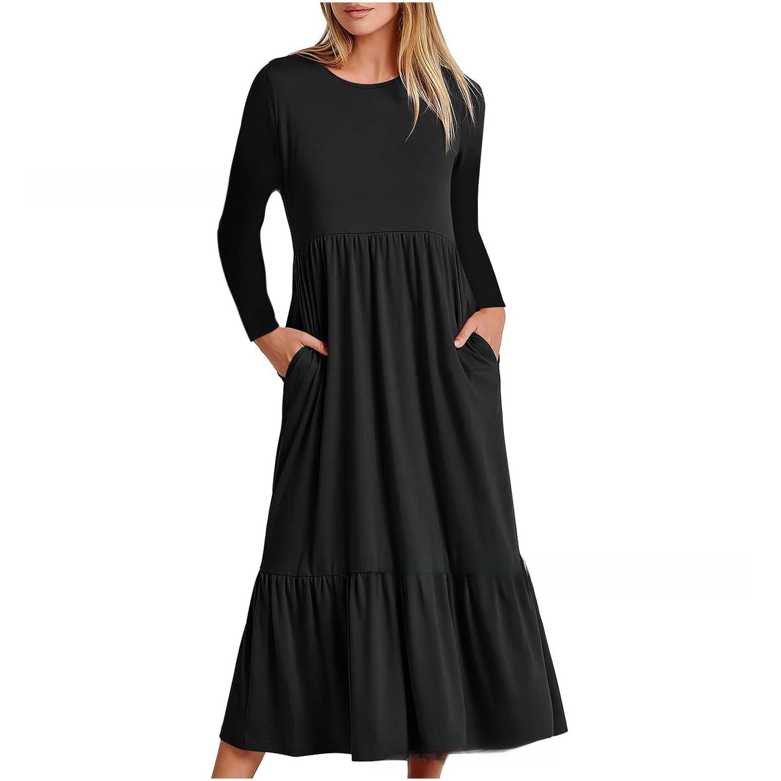 

Women's Pleated Large Swing Dress Commute Style Knitted Dress Gathered Hemline Regular Sleeve Casual Inner Wear