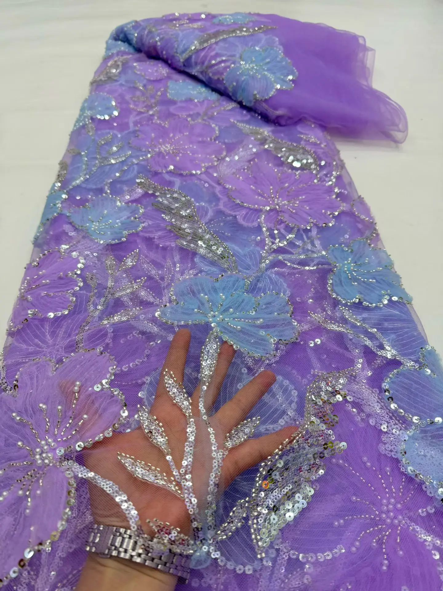 

2026 High-Quality African Nigerian Sequins Tulle Lace Fabric for Wedding / Prom Dresses Beads Embroidery Sewing Net Cloth 5Yards