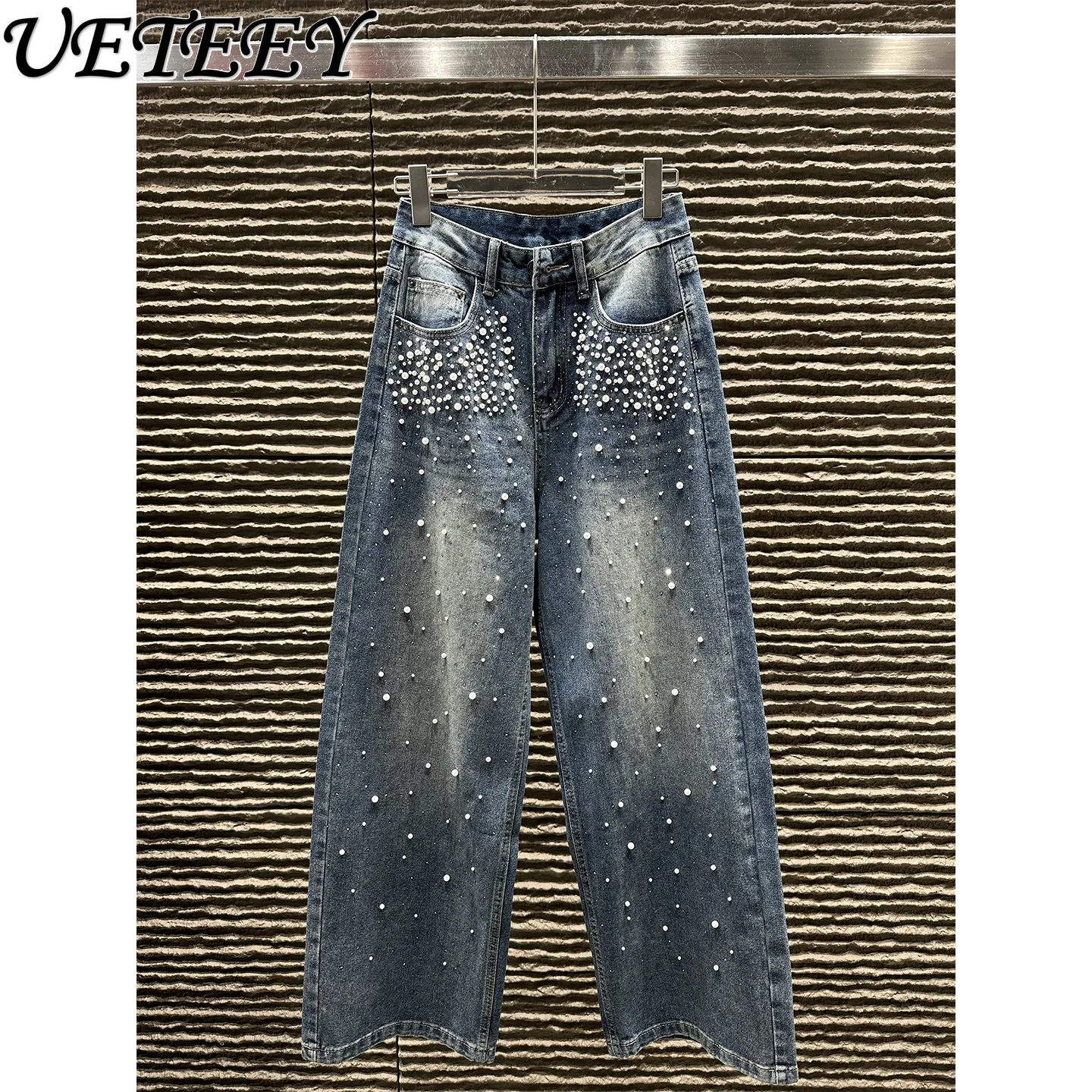 

Heavy-duty Beaded Denim Wide-leg Pants for Women Spring/summer High-waisted Jeans Studded Rhinestones Straight-leg Trousers