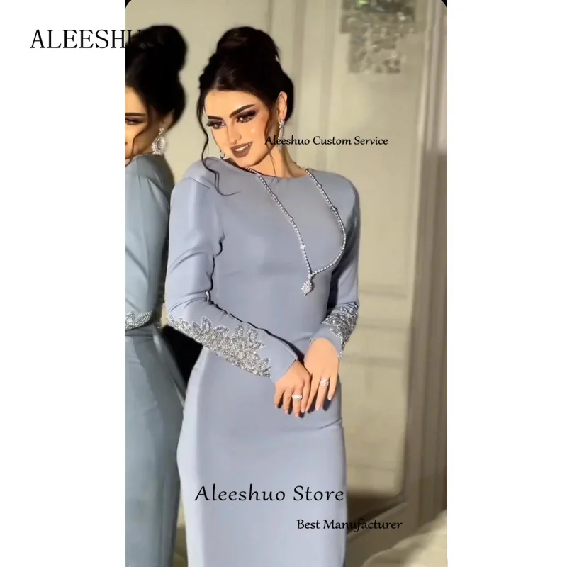 Aleeshuo Saudi Arabia Sky Blue Shiny Beaded Appliques Evening Dresse Long Sleeves Party Prom Sexy Backless O-Neck Evening Gown