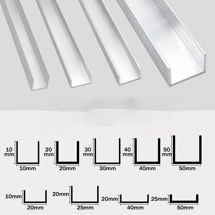 2Pcs Length 500mm Aluminum Alloy U-shaped Slot Rail Slot 5x5/5x10mm-100x25mm DLY Aluminum Profile Fixed Card Slot Thick 0.4-2mm