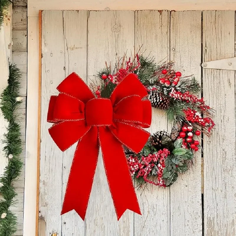 1 Stück große Weihnachtsschleife für Weihnachten, Valentinstag, goldene Kanten, roter Samt, Kranz, Schleife, Weihnachtsbaumspitze, Ornament