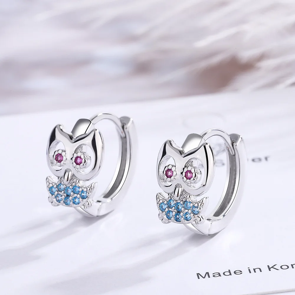 Znaczek 925 Sterling Silver Crystal Cute Animals Hoop Earrings dla kobiet Prosty koreański kolczyk sowa Biżuteria ślubna Prezent na imprezę