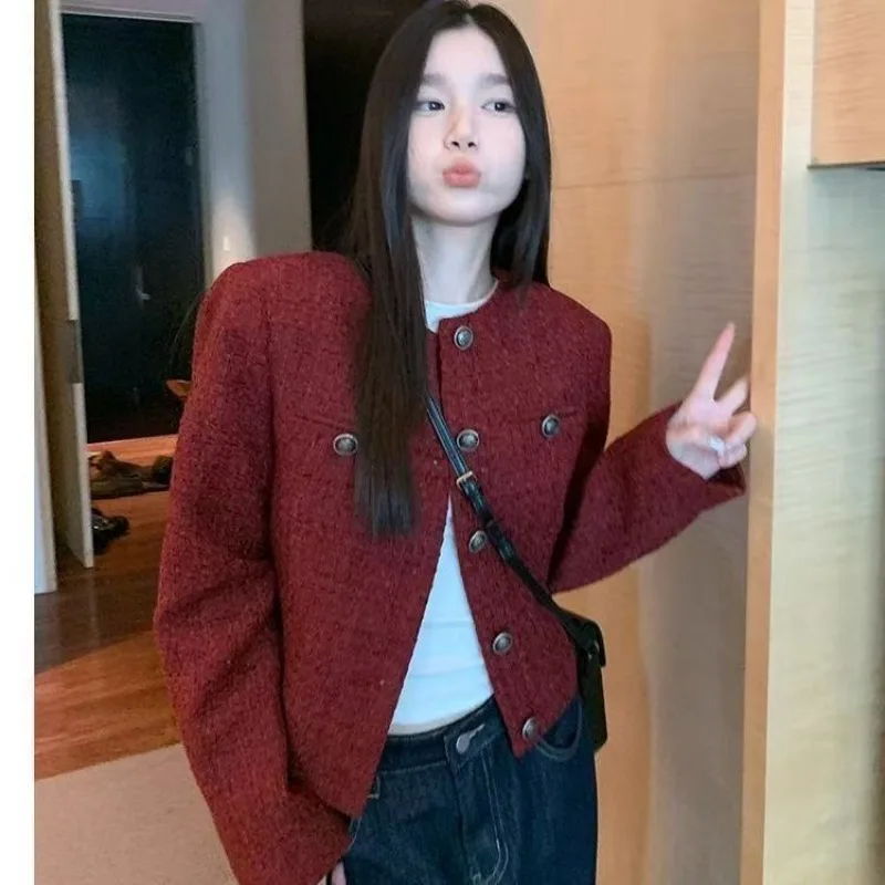 Fragrant Style Navy Blue Jacket 2026 Spring Autumn Long Sleeved Short Style Single Row Retro Temperament Loose top Three Colors