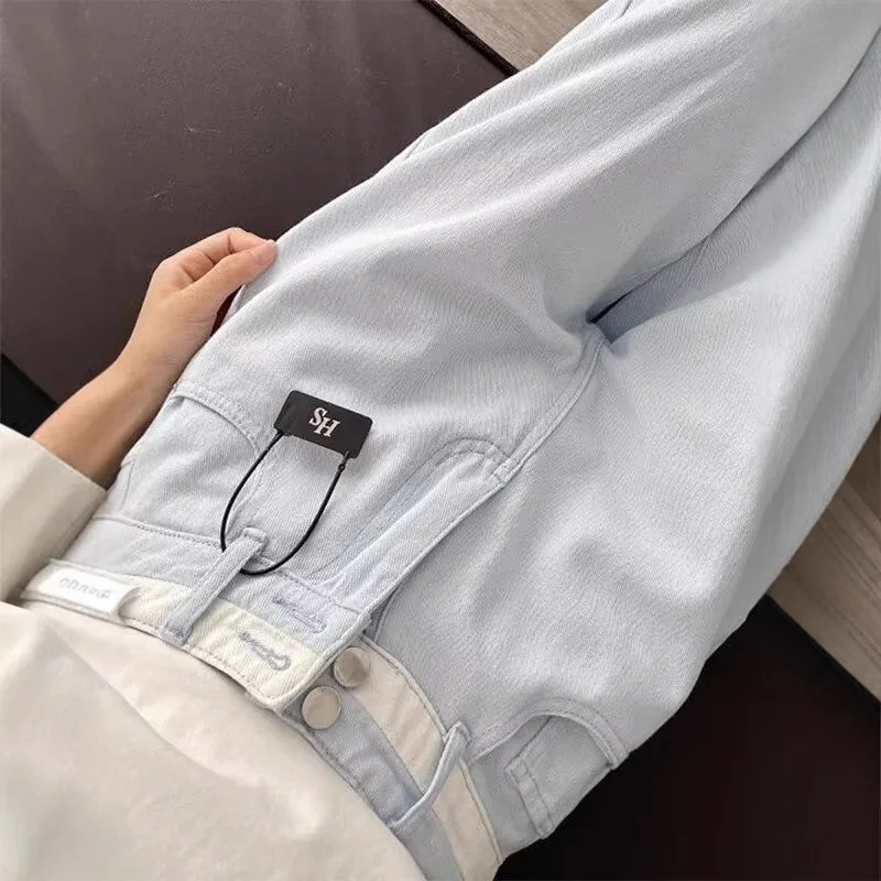 Women's Light Blue High Waist Wide Leg Jeans, Double Waistband Baggy Straight Denim Pants, Casual Summer Trousers