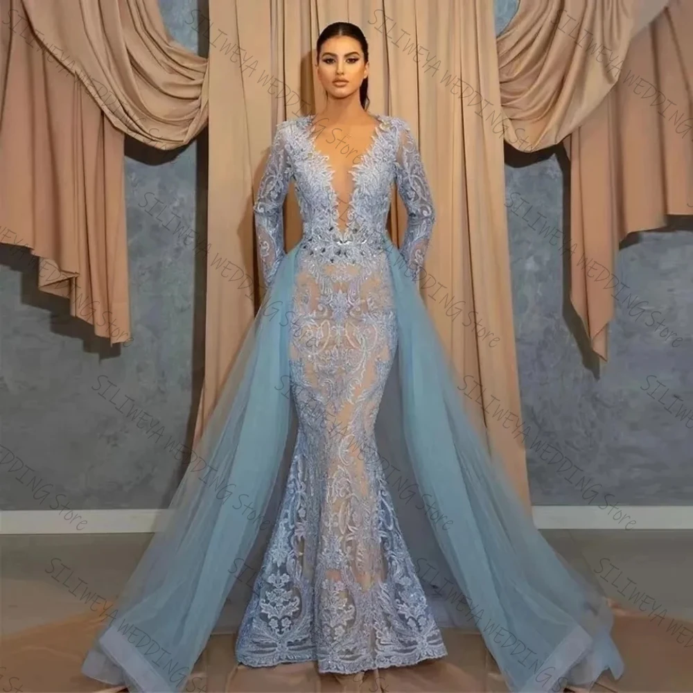 Luxury Lace V-Neck Blue Mermaid Evening Dresses Detachable Train Appliques Long Sleeves Women Celebrity Prom Gown