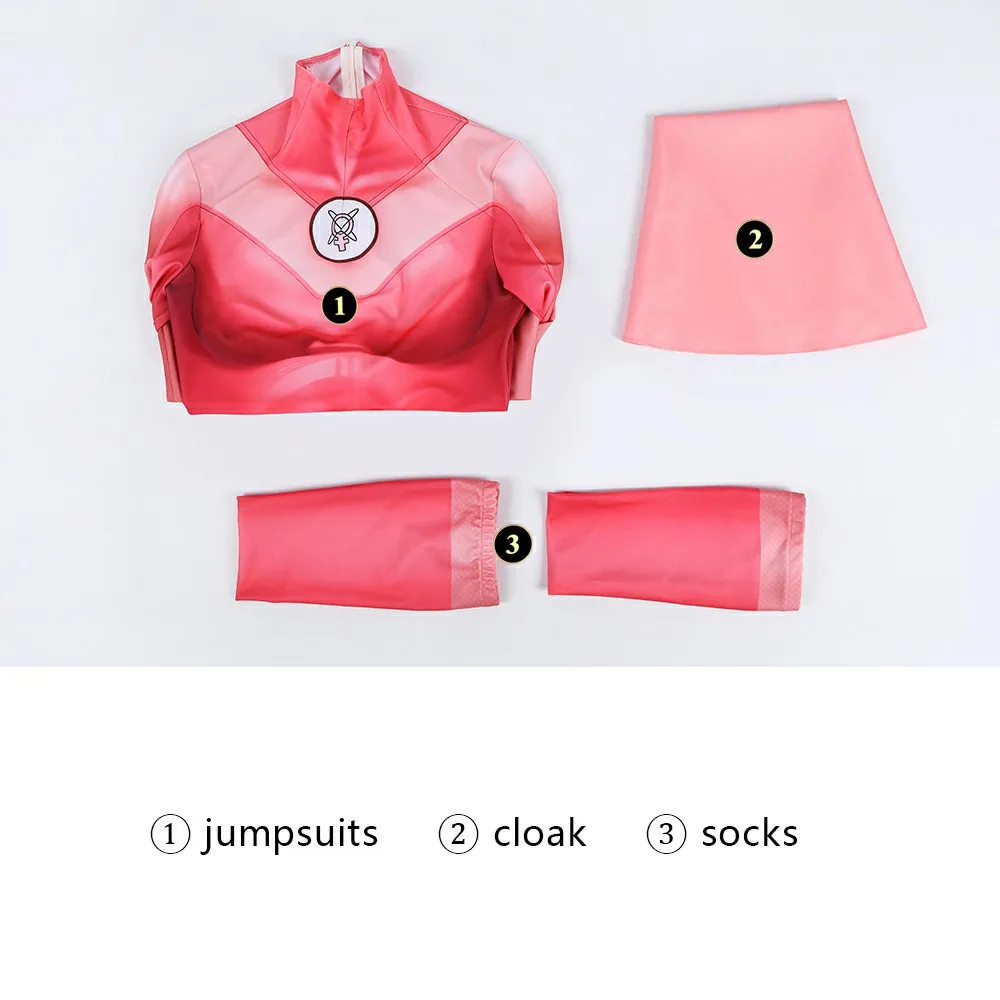 

Invincible Eve Cosplay Costume Woman Disguise Jumpsuit Pink Cloak Halloween Suit