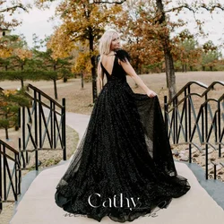 Cathy Black Glitter Sequins A-line Prom Dress Sexy Side High Split Tulle فساتين السهرة Backless Strapless Evening Dress