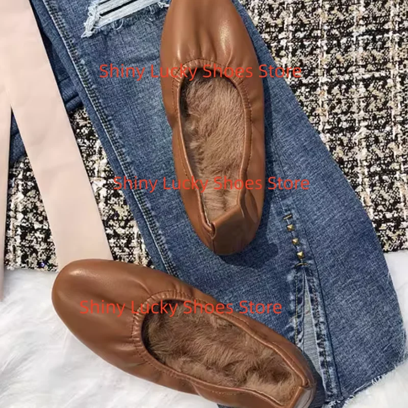 أحذية فرو المنك للنساء أصابع مربعة كعب مسطح مطوي Chassure فام الضحلة الإناث الباليه خطوط الخياطة السيدات بولي Leather الجلود