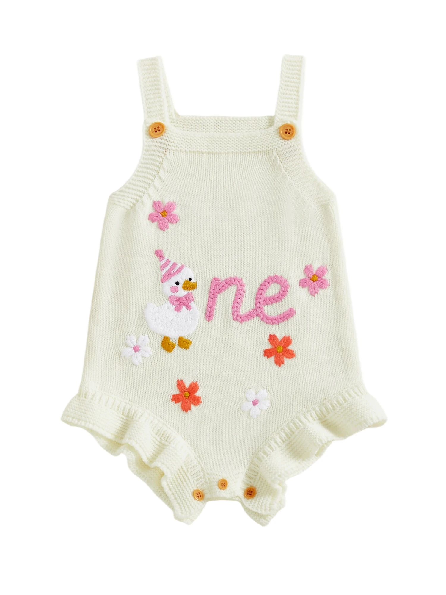 

Adorable Infant Knitted Romper with Cute Bunny Applique and Ruffled Sleeves for Stylish Birthday Celebration