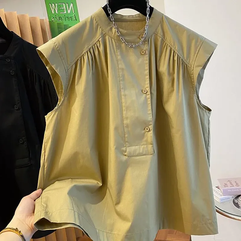 

Новинка 2023 года, корейская версия, свободная повседневная плиссированная рубашка без рукавов, женская летняя рубашка с круглым вырезом, темпераментная маленькая рубашка, топ