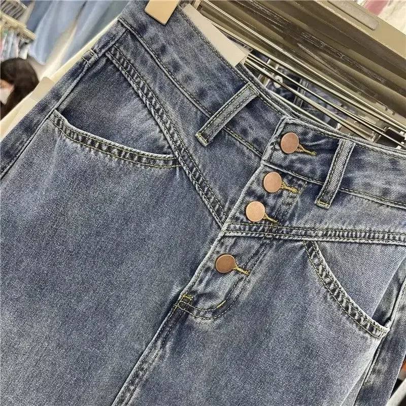 تنورة دينم عالية الخصر للتخسيس مقاس كبير للنساء ربيع جديد نمط متوسط الطول على شكل حرف a مع فتحة جانبية هامشية #4