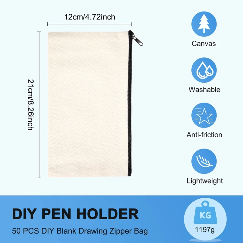 50Pcs Canvas Zipper Bag Pencil Case Cosmetic Bag Blank Bag DIY Craft Bag Cosmetic Bag Cosmetic Bag DIY Craft School