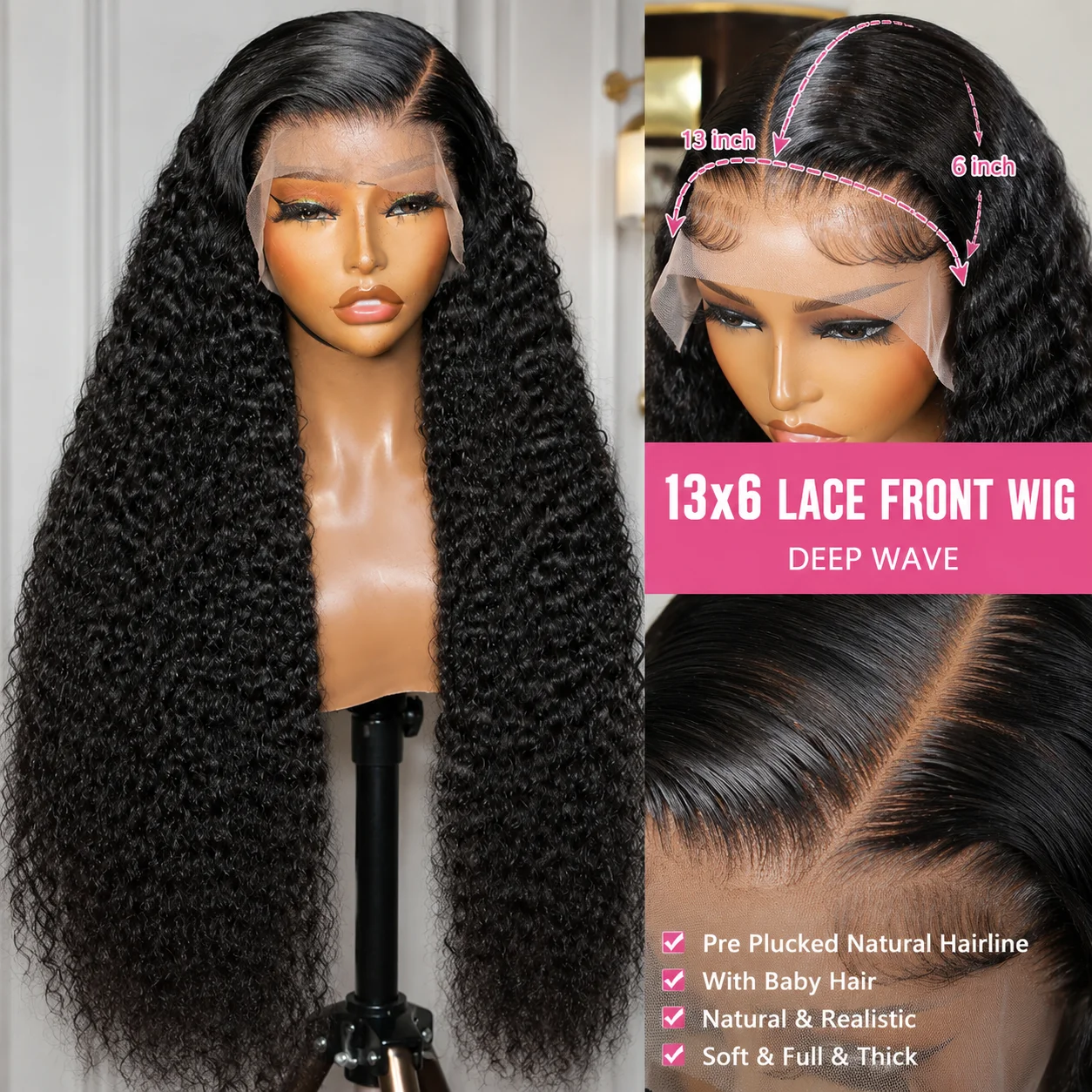 13x6 Deep Wave Lace Front Wig, Long Curly Black Wig with Natural Hairline, Pre-Plucked Lace Wig for Women, Full & Thick