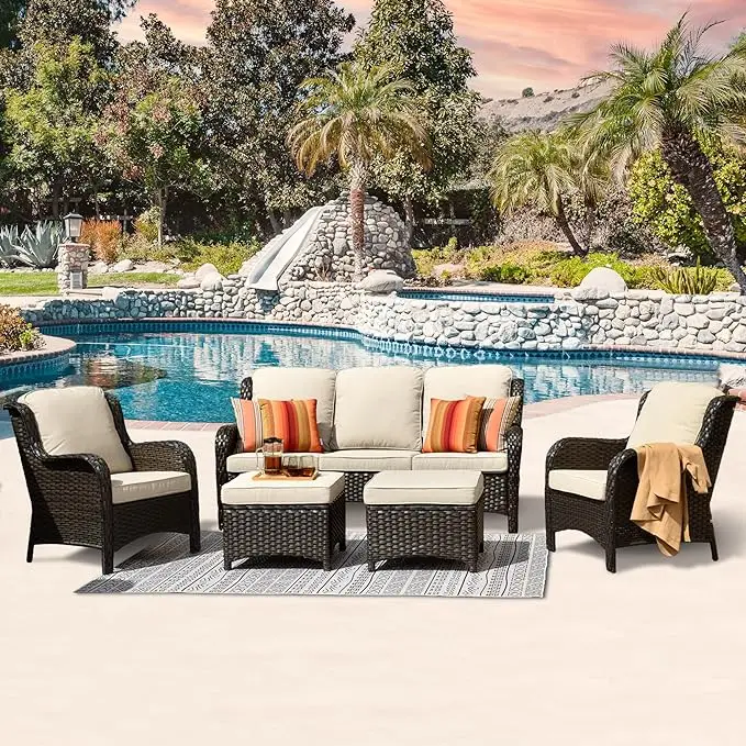 

Patio Furniture Set, 5 Piece Outdoor Wicker High Back Sofa with Comfy Cushions Ottomans, All Weather Conversation Set