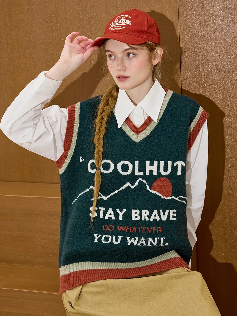 Coolhut Strawberry Exclusive 2026 New Vintage College Style Vest V-Neck Color Block Striped Slimming Women's Jacket