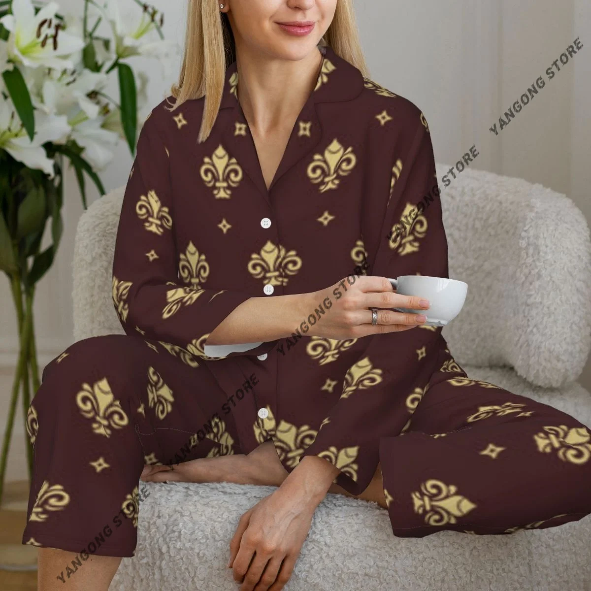 

Women Sleepwear Pajamas Geometric Classic Vintage Mardi Gras Long Sleeve Pijama Female Set Negligee Cardigan Suit