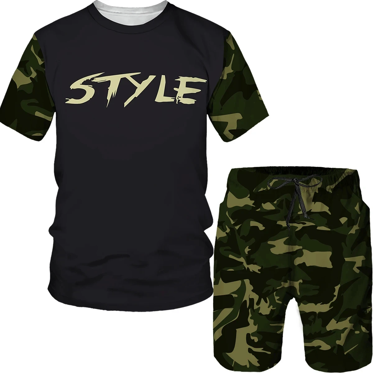 

2025 3D Camouflage Print Set for Men's Sports 2-piece Set Oversized Sports Shirt Round Neck T-shirt Beach Shorts Set