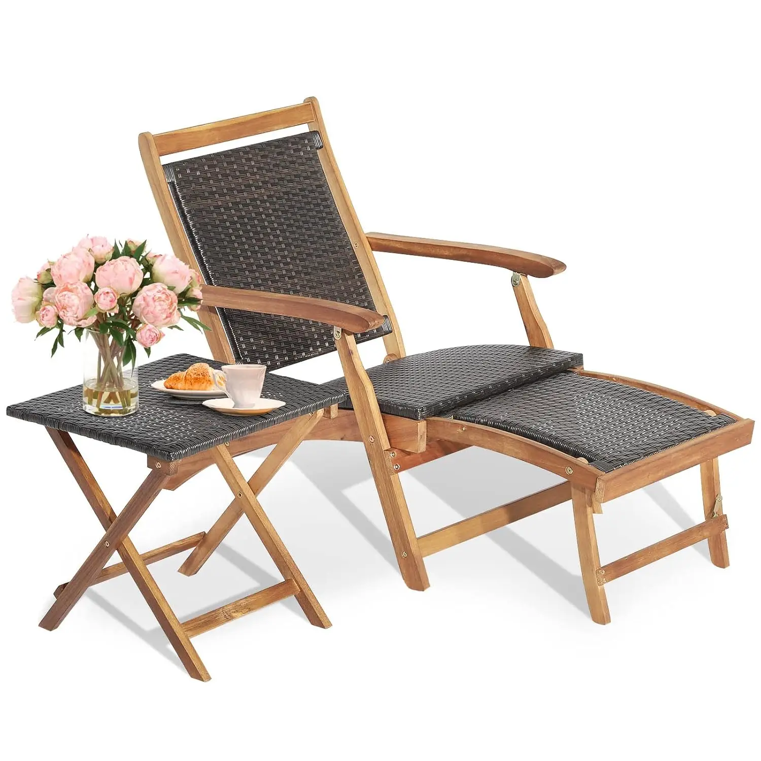 

Patio Lounge Chair and Side Table Set, Wood Wicker Folding Table and Armrest Chair with Retractable Ottoman,, Customized