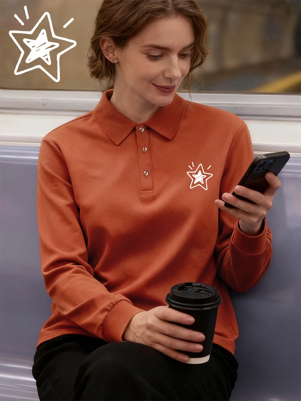 

Сверкающие рубашки поло с принтом пентаграммы, женские осенние рубашки для гольфа с лацканами, тонкие топы с длинными рукавами, повседневные женские футболки для поездок на работу