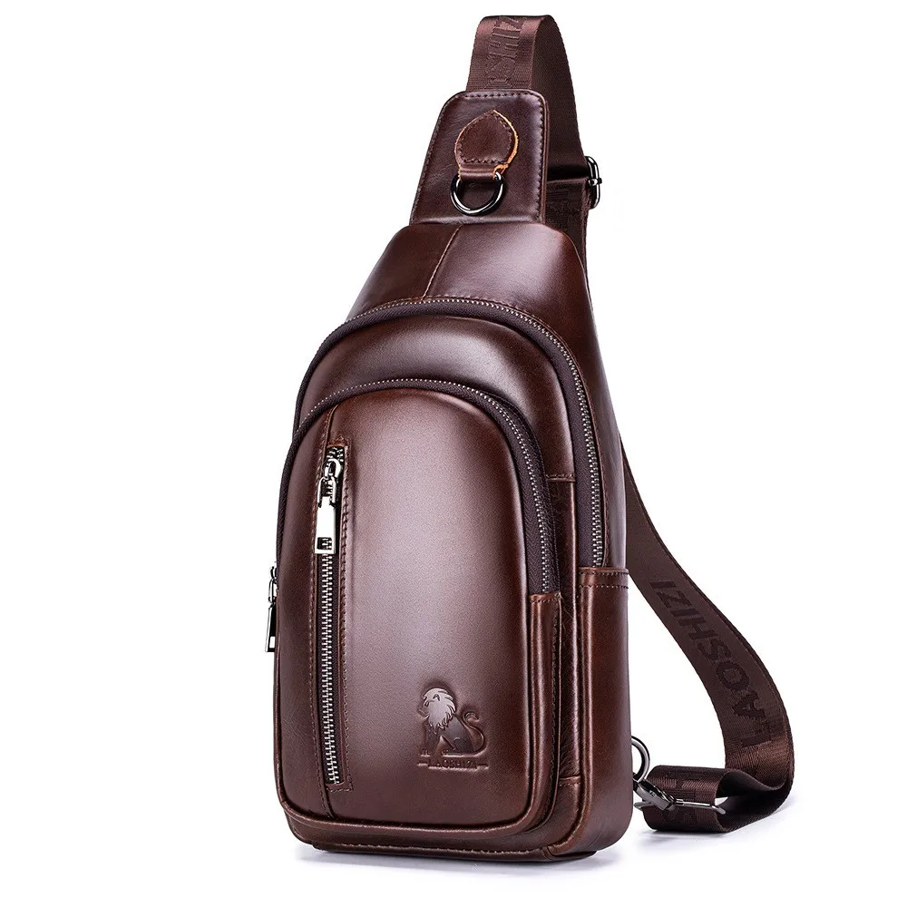 

Men's Genuine Leather Crossbody Chest Bag First Layer Cowhide Fashionable Multi-Functional Sports Shoulder Bag Travel Chest Bag