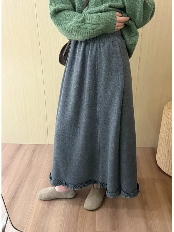 

High Waist Long ey Camere Skirt Korean Sle Lazy Faion Women's Midi Skirt Wooden Design Casual Loose Fit A-Line