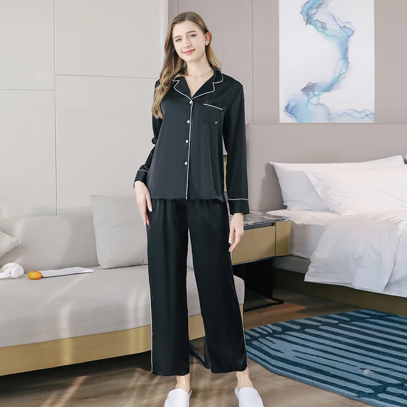 Secret the same classic black pink pajamas for women, long sleeves, trousers, silk suit, loungewear