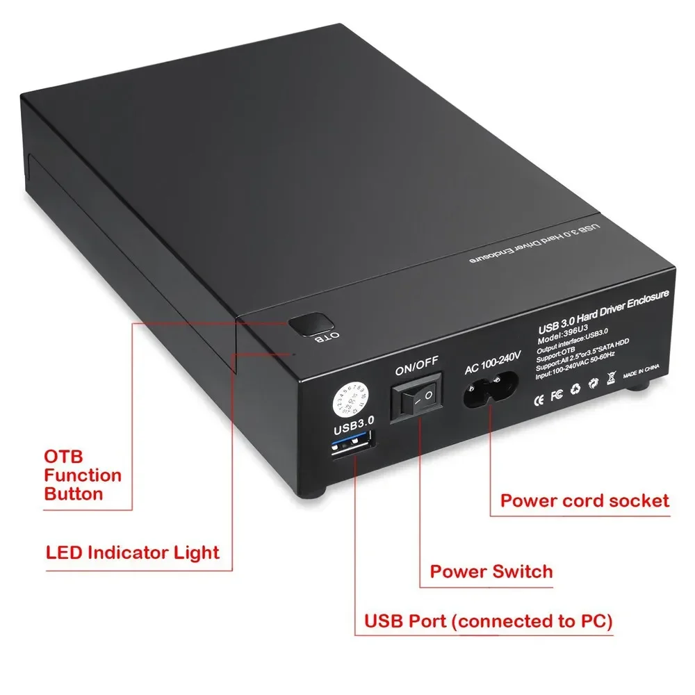3.5 Inch USB 3.0 to SATA III External Hard Drive Enclosure Case Built-in Adapter Support Both 2.5