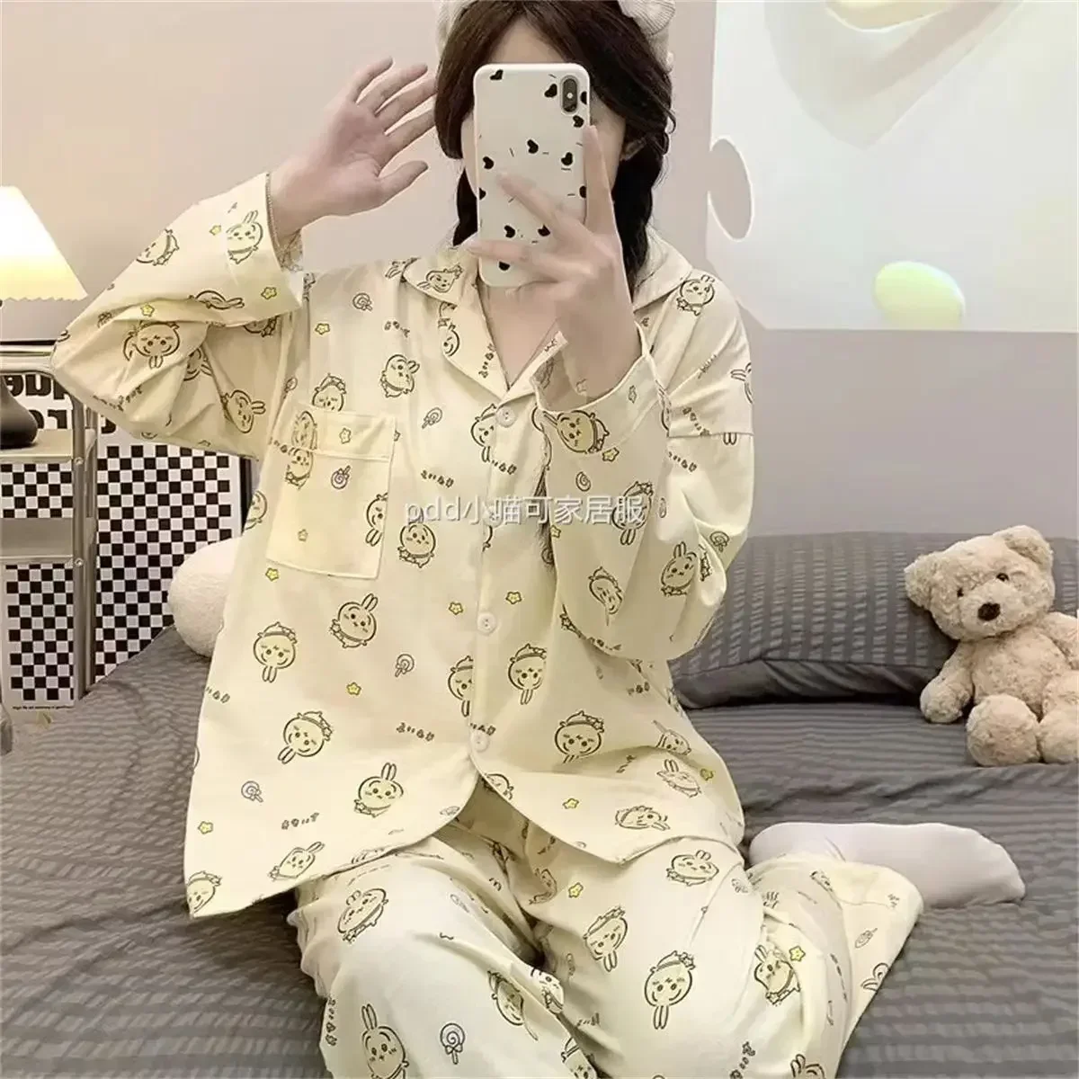 Chiikawa Pajamas ハチワレ Hachiware うさぎ USAGI ちいかわ Pajamas Women's Spring and Autumn Long-sleeved Trousers Winter Home Wear Set