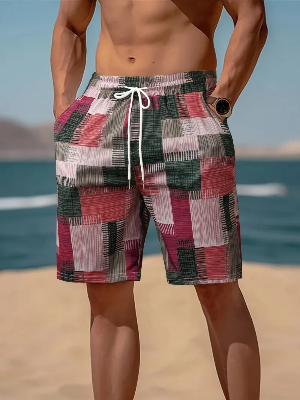 Vintage Herren 3D-Druck Freizeitshorts Quadratische Bunte Karierte Kurze Hosen Lässige Sport-Übergrößen-Schwimm-Gym-Herren-Sommerkleidung – Detail 3
