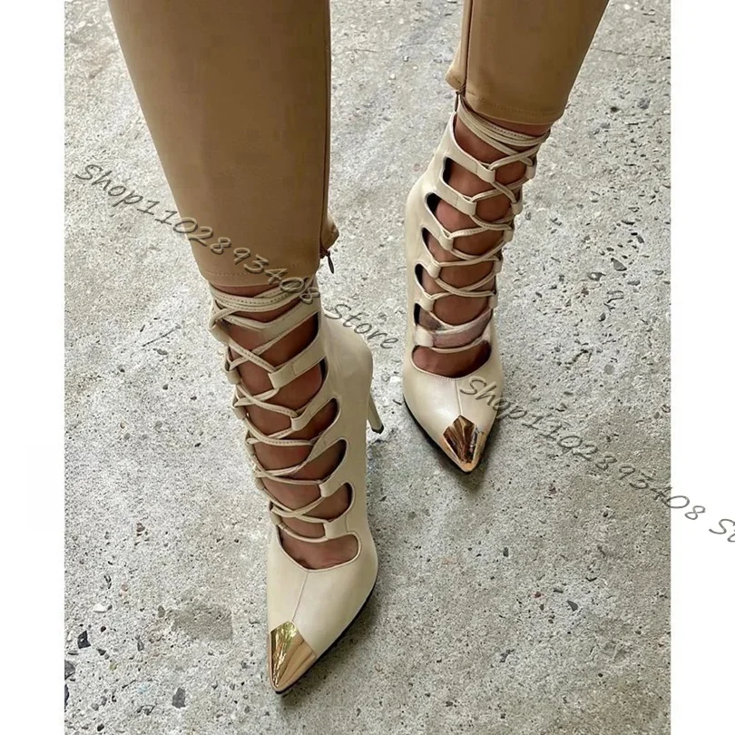 Cream Hollow Back Zipper Pumps Metal Pointed Toe Sexy Women Shoes Ankle Strap Stiletto High Heels Shoes 2023 Zapatos Para Mujere