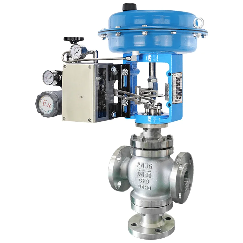 Diffluence type SS304 3way Pneumatic Diaphragm steam Control Valve Modulating Valve flange end Regulating pneumatic globe Valve