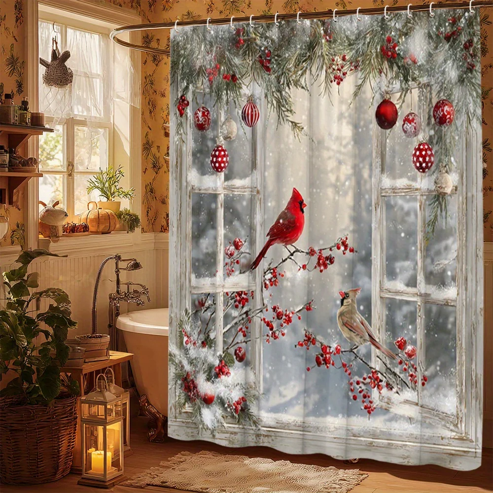 1pc Festive Shower Curtain, Red Cardinal Snowy Window Scene, With 12 Hooks, Christmas Winter Bathroom Decor