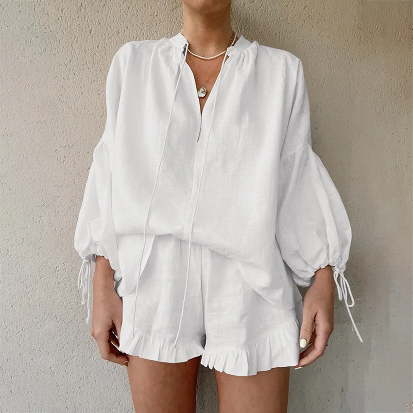 

2026 Spring and Summer White Cotton and Linen Suit Women's Casual Fashion Lantern Sleeve Top Shorts Two-piece Set