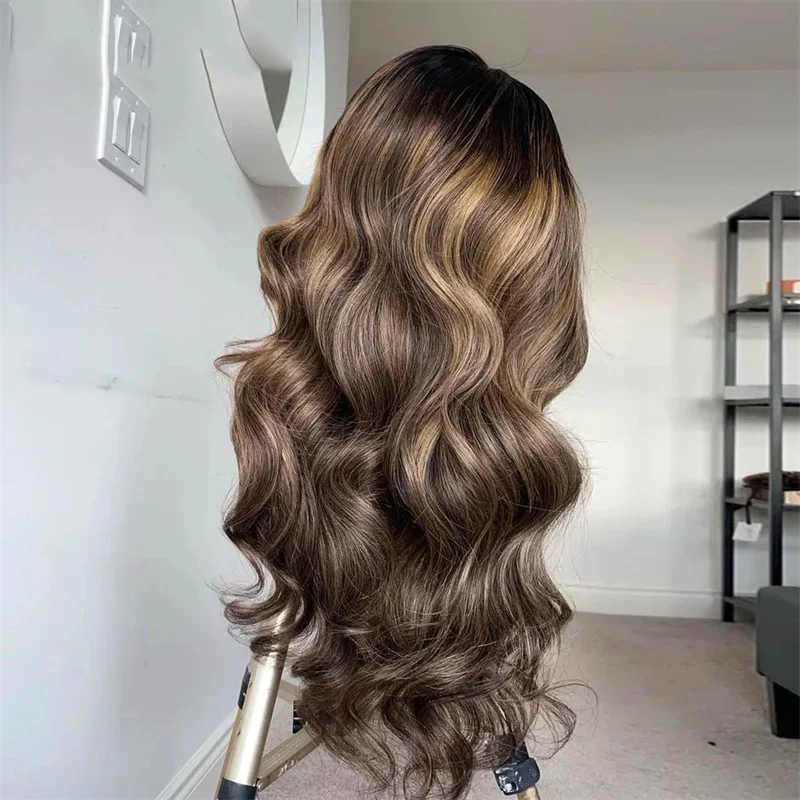 180Density Wave Soft Highlight Brown HD Lace Jewish 5x5 Silk Base European Human Hair Wig For Women BabyHair Glueless Preplucked