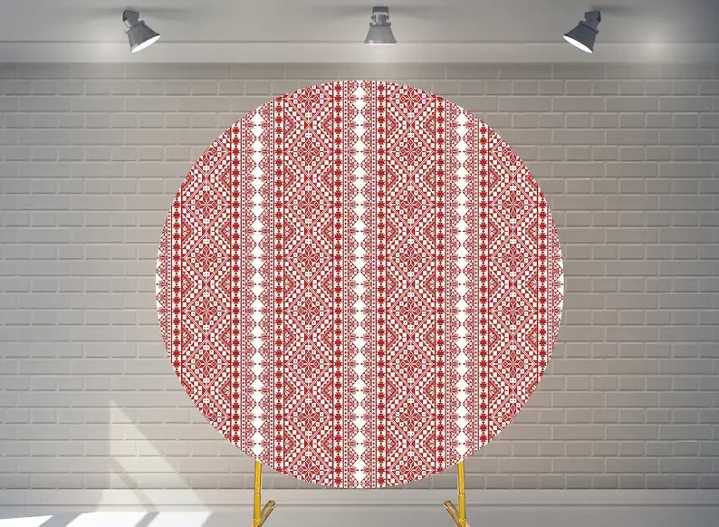 Mehofond Palestinian Round Backdrop Cover Bridal Shower Wedding Red White Embroidery Decor Baby Shower Background Elastic Props