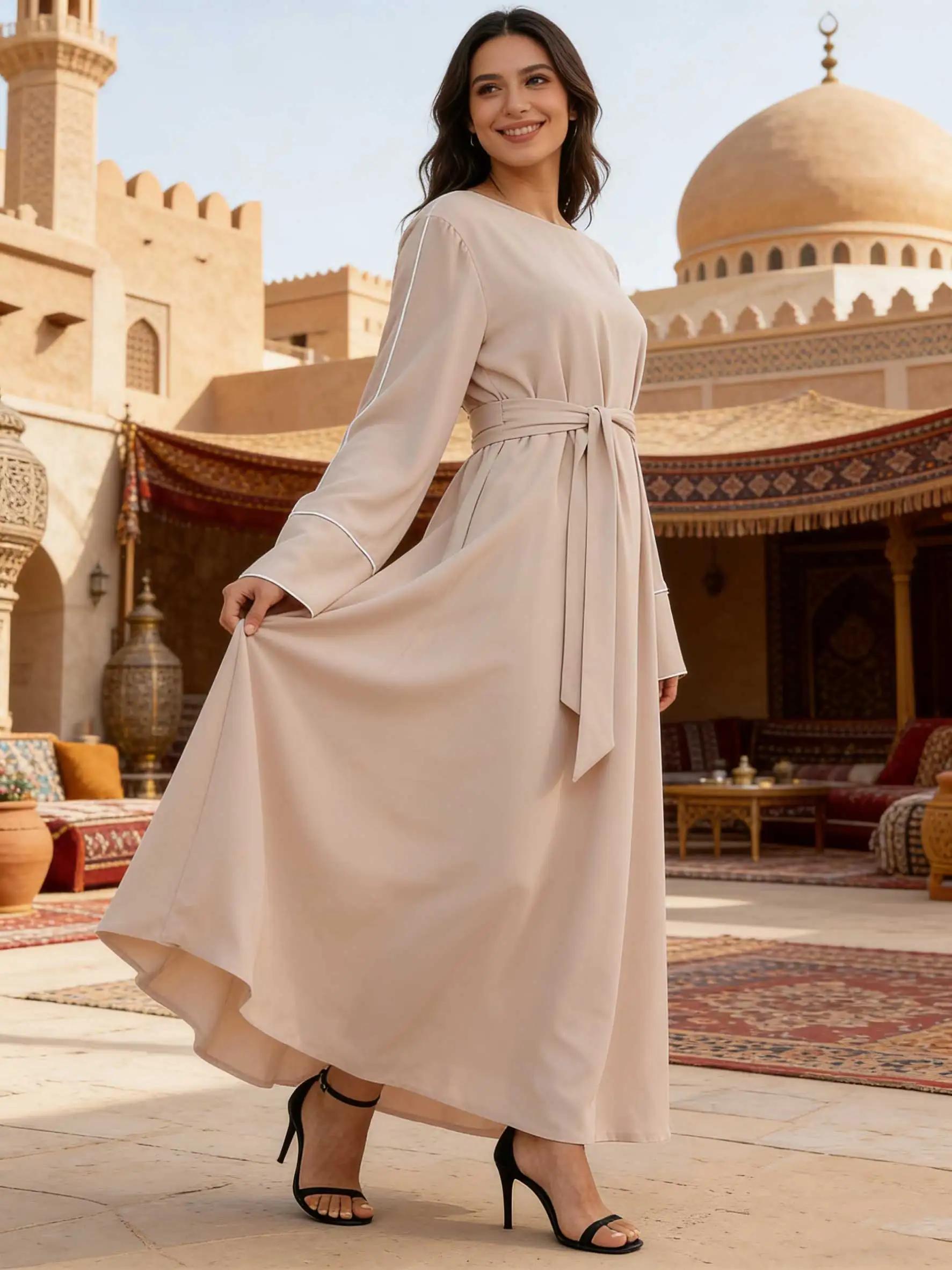 

Стильное бежевое платье макси с завязками на талии Абая, белое платье макси с рукавами и круглым вырезом, женское мусульманское марокканское кафтан Рамадан Ислам Дубай