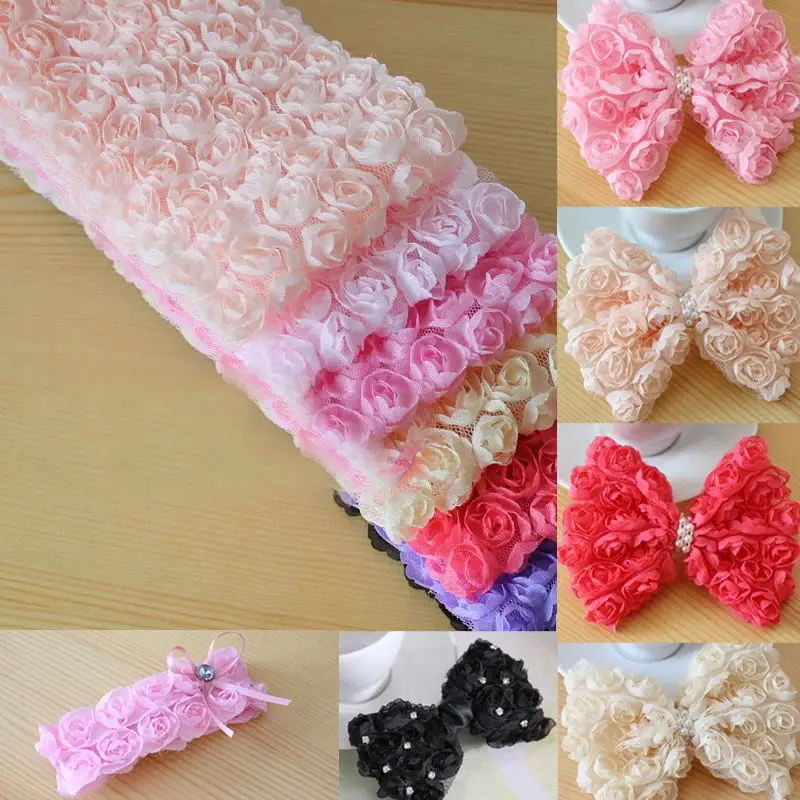 6cm*5yards 14colors 3D Rose Flower Chiffon Lace Tulle Ribbon Roll DIY Hand Sewn Wedding Headdress Bow Clothing Decor Accessories