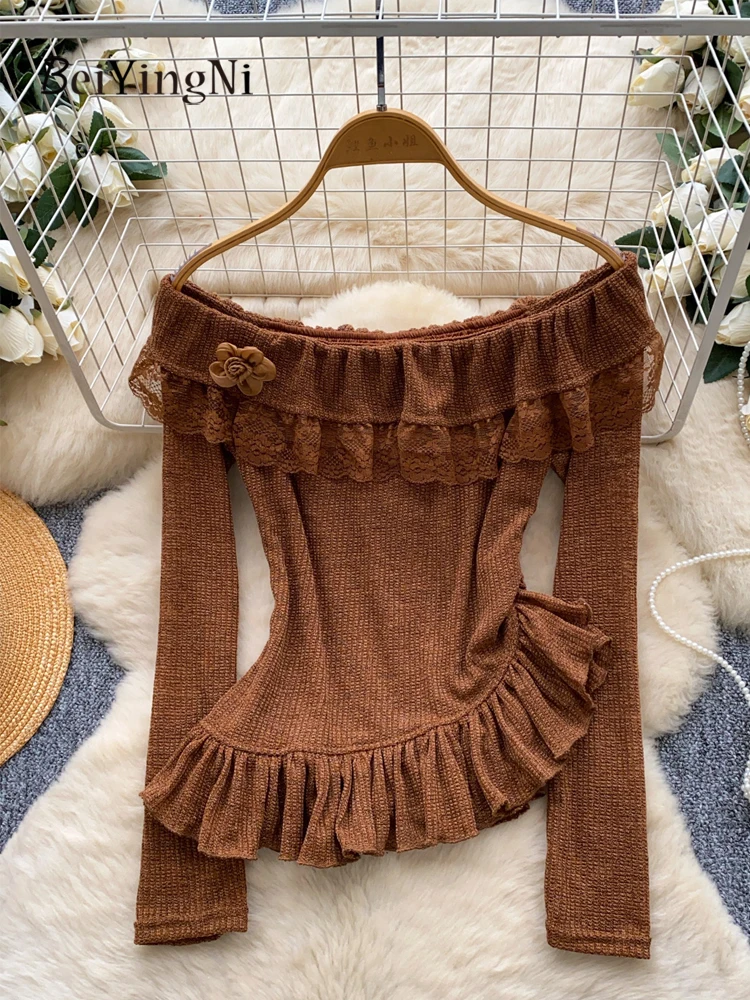 

Beiyingni 2025 Autumn Winter Women Black Shirts Ruffles Sexy Elegant Korean Chic Long Sleeve Tops Ladies Lace Patchwork Blusas