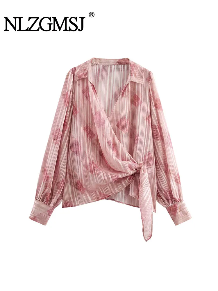 

2025 Spring Summer Casual Chic Women Blouse Print V Neck Long Sleeves Knotted Blouse New Fashion Holiday Shirts