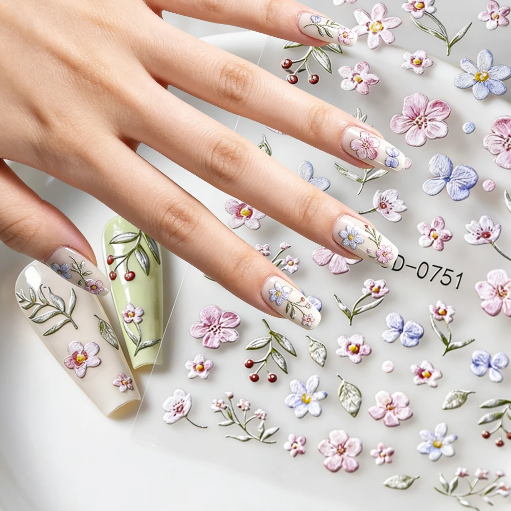 

Наклейки для ногтей 5D с цветочным дизайном: розовые цветы, листья, ягоды, банты, рельефная текстура, самоклеящиеся, розово-фиолетовые