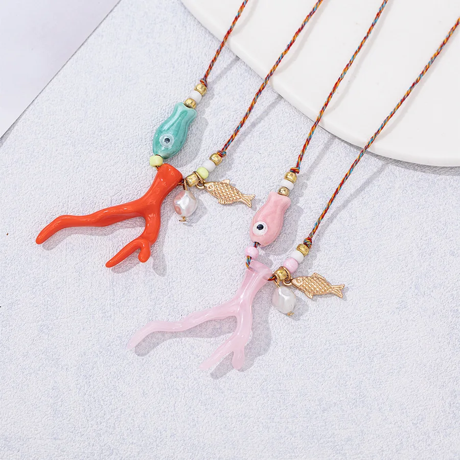 MHS.SUN New Ocean Imitation Coral Glass Fish Pendant Necklace Boho Colorful Braided Rope Adjustable Women Vacation Party Jewelry