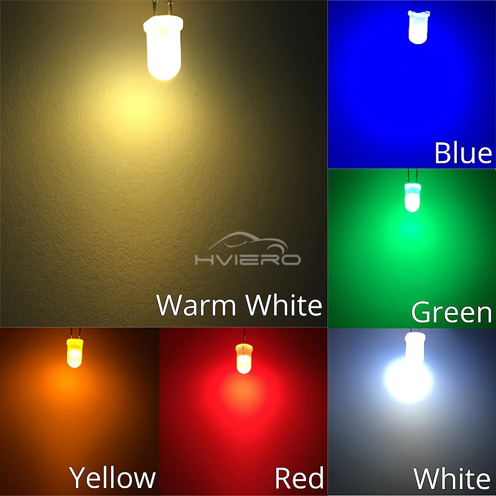 1000Pcs 5mm Round Diffused White Red Green Blue Yellow Warm White Lightemitting Diode 2pin LED 6000~6500K Bulb Light Diodes Lamp